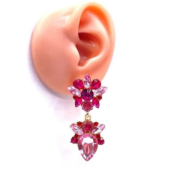Yellow Gold and Light and Dark Pink Crystal Dangling Art Deco Post Back Earrings - Picture 6 of 6